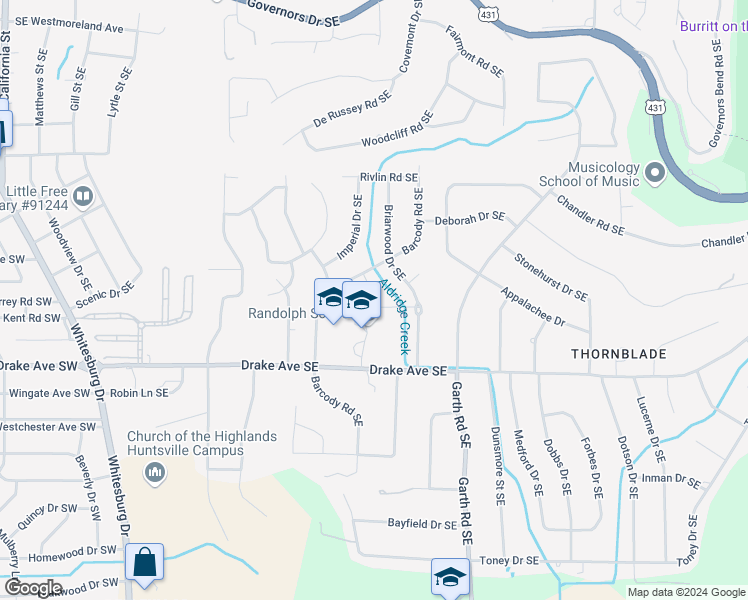 map of restaurants, bars, coffee shops, grocery stores, and more near 2806 Barcody Circle Southeast in Huntsville