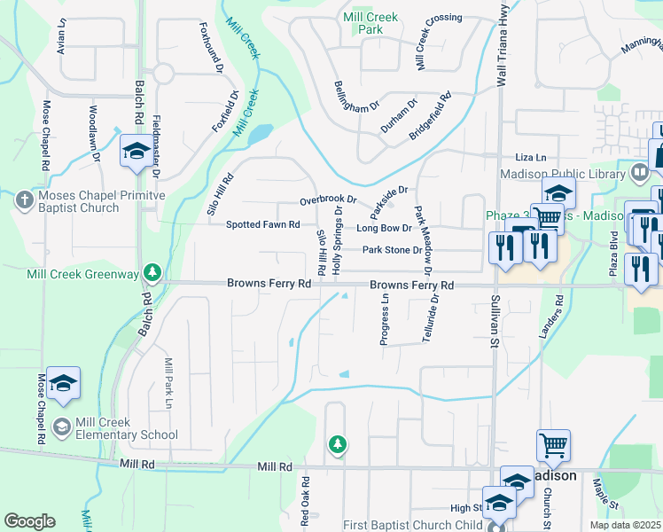 map of restaurants, bars, coffee shops, grocery stores, and more near 229 Garden Brook Drive in Madison