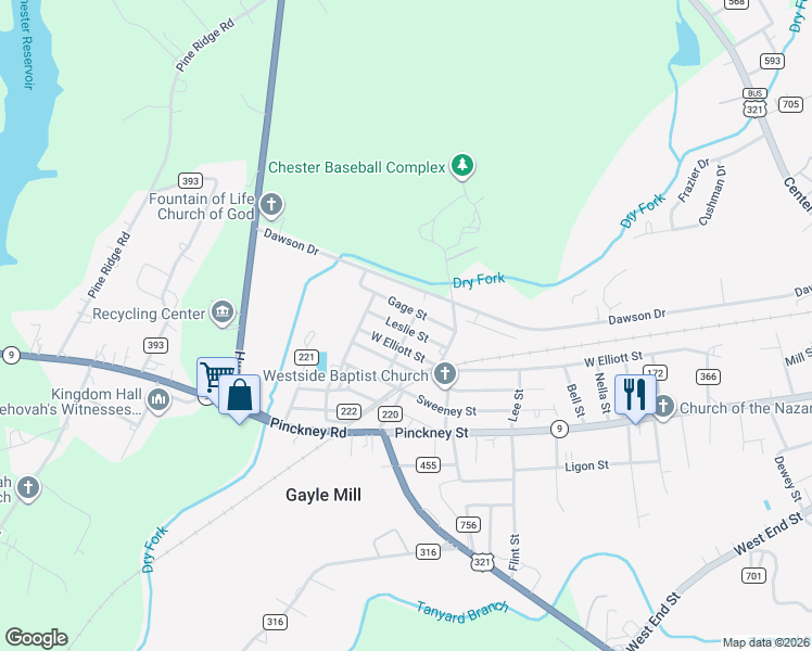map of restaurants, bars, coffee shops, grocery stores, and more near 590 West Elliott Street in Chester