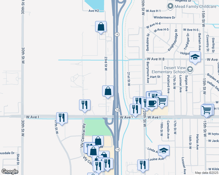 map of restaurants, bars, coffee shops, grocery stores, and more near 23rd Street West in Lancaster