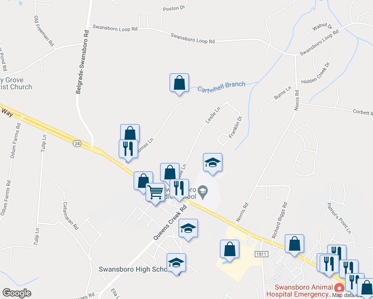 map of restaurants, bars, coffee shops, grocery stores, and more near 145 Leslie Lane in Swansboro
