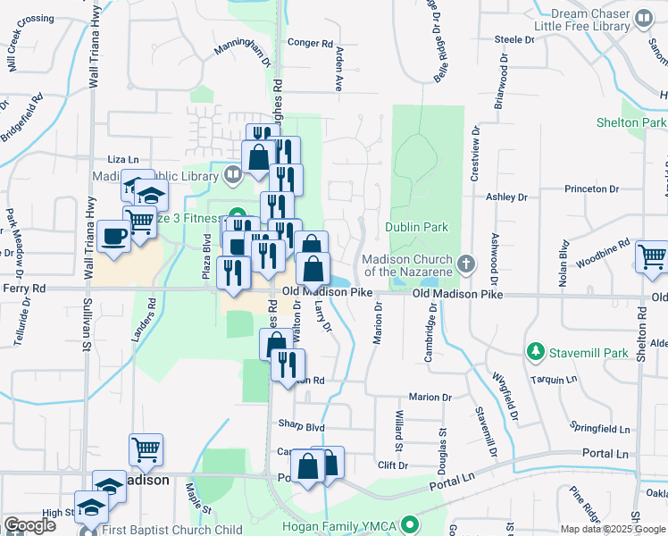 map of restaurants, bars, coffee shops, grocery stores, and more near 339 Waters Edge Lane in Madison