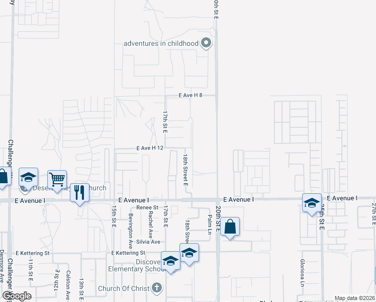 map of restaurants, bars, coffee shops, grocery stores, and more near 1800 East Avenue H 12 in Lancaster