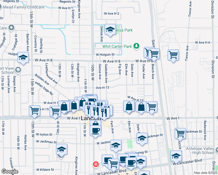 map of restaurants, bars, coffee shops, grocery stores, and more near Avenue H-12 in Lancaster