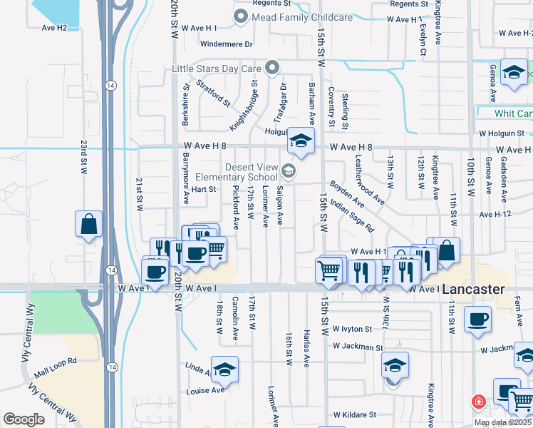 map of restaurants, bars, coffee shops, grocery stores, and more near 45339 Lorimer Avenue in Lancaster