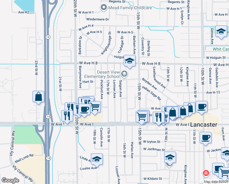 map of restaurants, bars, coffee shops, grocery stores, and more near West Avenue H 12 in Lancaster