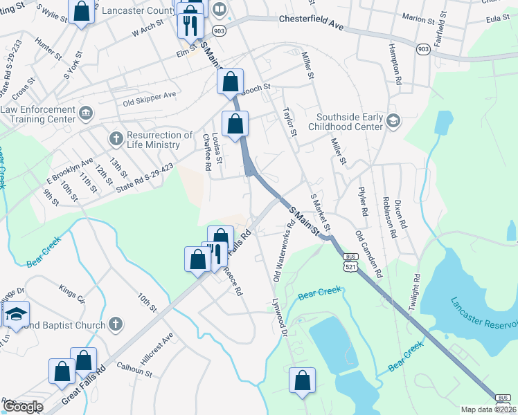 map of restaurants, bars, coffee shops, grocery stores, and more near 1749 Great Falls Highway in Lancaster