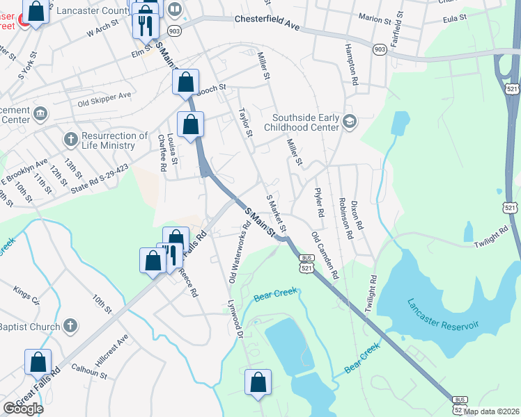 map of restaurants, bars, coffee shops, grocery stores, and more near 104 Old Camden Road in Lancaster