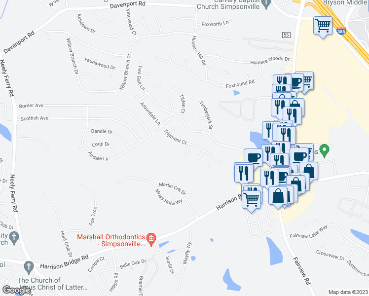 map of restaurants, bars, coffee shops, grocery stores, and more near 4 Martins Hollow Lane in Simpsonville