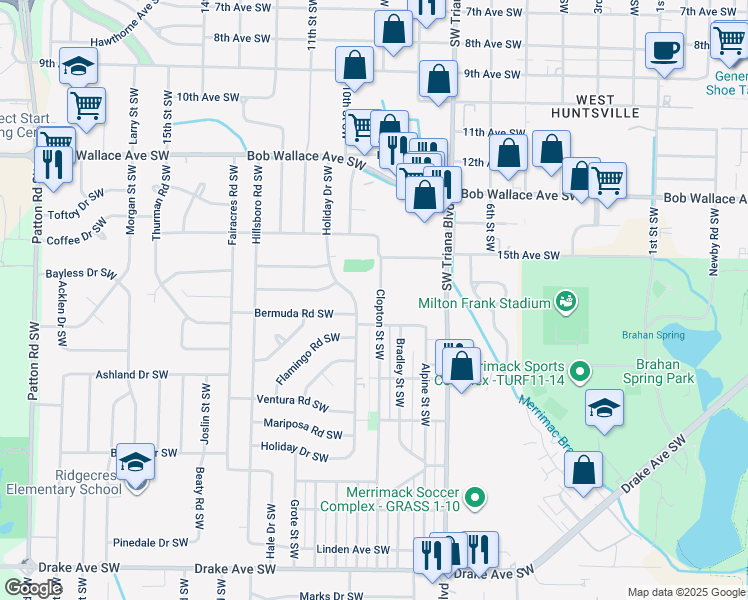 map of restaurants, bars, coffee shops, grocery stores, and more near 2827 Holiday Drive Southwest in Huntsville