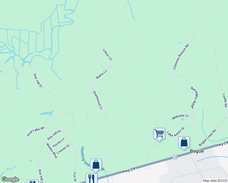 map of restaurants, bars, coffee shops, grocery stores, and more near 153 Bobwhite Circle in Cape Carteret