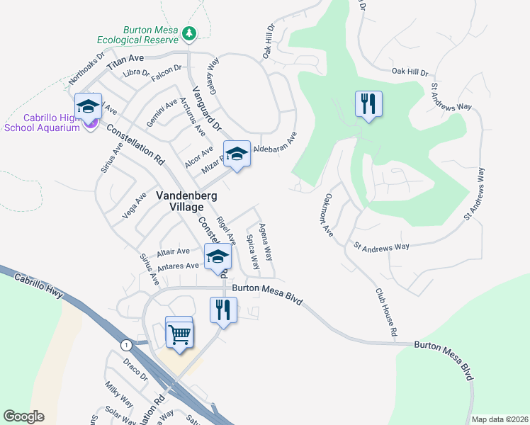 map of restaurants, bars, coffee shops, grocery stores, and more near 107 Deneb Place in Lompoc