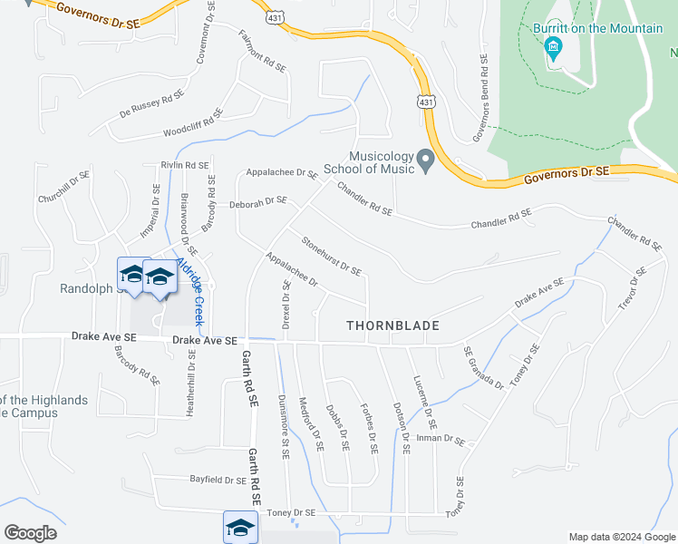 map of restaurants, bars, coffee shops, grocery stores, and more near 1212 Stonehurst Drive Southeast in Huntsville
