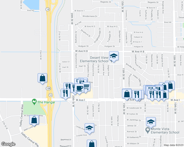 map of restaurants, bars, coffee shops, grocery stores, and more near 45403 Pickford Avenue in Lancaster
