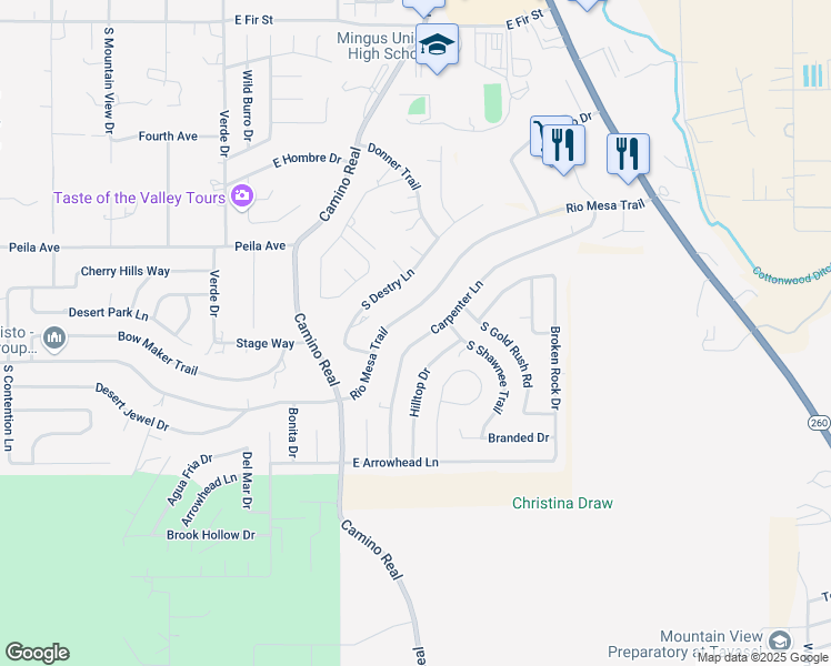 map of restaurants, bars, coffee shops, grocery stores, and more near 1933 Rio Mesa Trail in Cottonwood