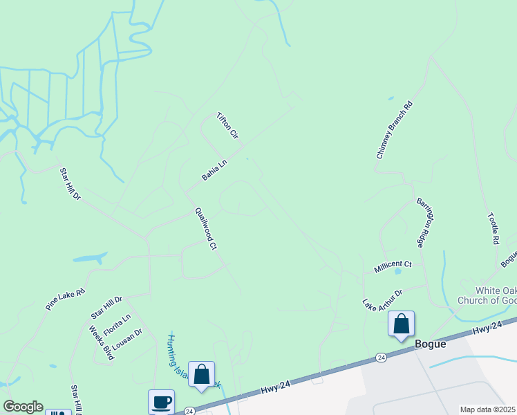 map of restaurants, bars, coffee shops, grocery stores, and more near 142 Bobwhite Circle in Cape Carteret