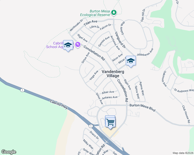 map of restaurants, bars, coffee shops, grocery stores, and more near 258 Pegasus Avenue in Lompoc