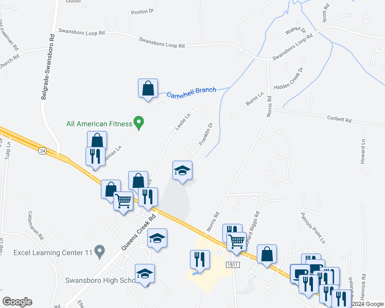 map of restaurants, bars, coffee shops, grocery stores, and more near 144 Franklin Drive in Swansboro