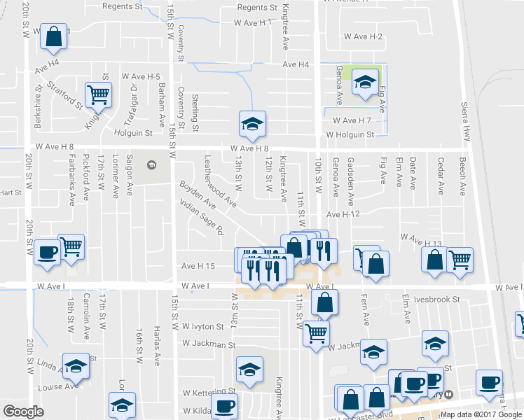 map of restaurants, bars, coffee shops, grocery stores, and more near West Avenue H 12 in Lancaster