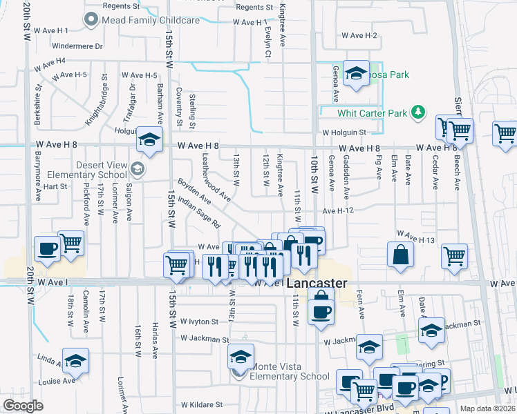 map of restaurants, bars, coffee shops, grocery stores, and more near 1223 Avenue H-12 in Lancaster