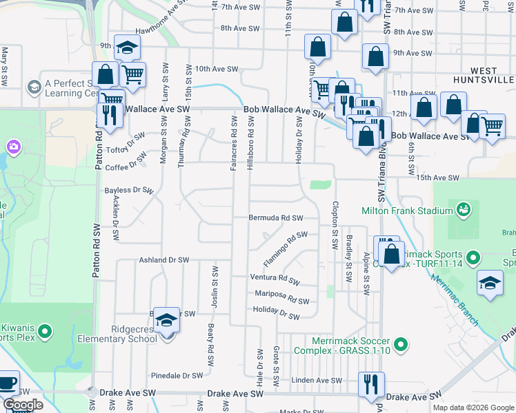 map of restaurants, bars, coffee shops, grocery stores, and more near 3523 Bluegrass Road Southwest in Huntsville