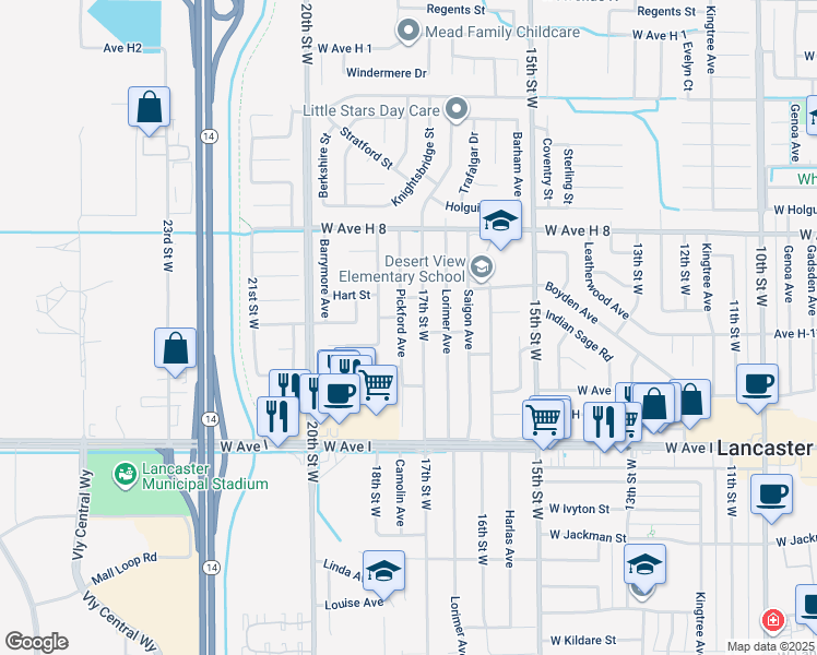 map of restaurants, bars, coffee shops, grocery stores, and more near 45404 Pickford Avenue in Lancaster