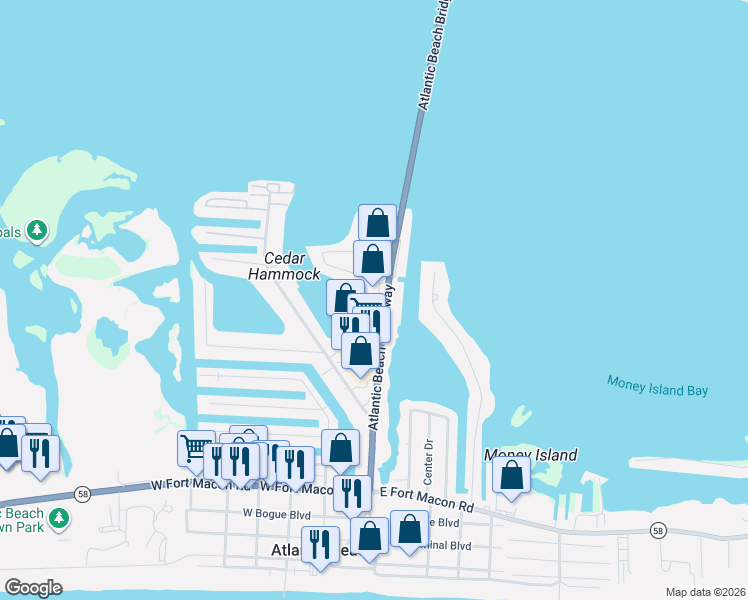 map of restaurants, bars, coffee shops, grocery stores, and more near 107 Moonlight Drive in Atlantic Beach