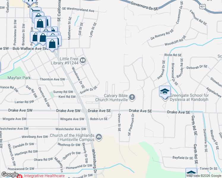 map of restaurants, bars, coffee shops, grocery stores, and more near 28 Saint James Square in Huntsville