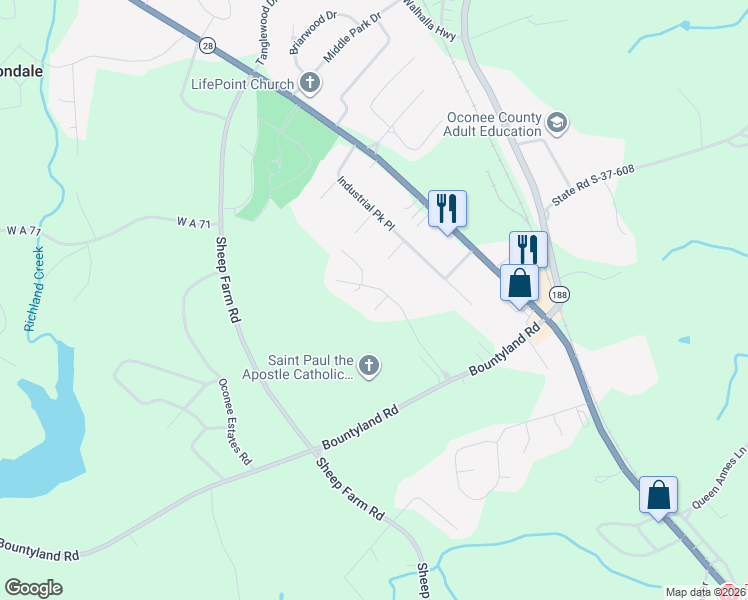 map of restaurants, bars, coffee shops, grocery stores, and more near 134 Camelot Drive in Seneca