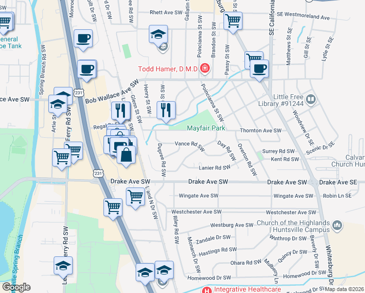 map of restaurants, bars, coffee shops, grocery stores, and more near 610 Vance Road Southwest in Huntsville