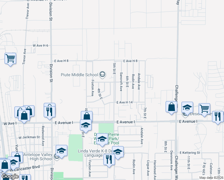 map of restaurants, bars, coffee shops, grocery stores, and more near 45422 Raysack Avenue in Lancaster