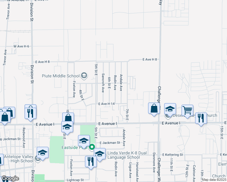 map of restaurants, bars, coffee shops, grocery stores, and more near 45409 Rodin Avenue in Lancaster