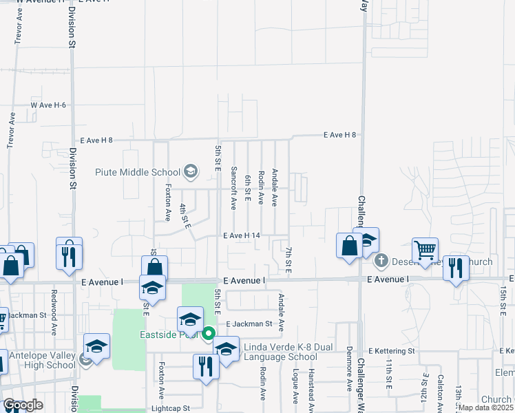 map of restaurants, bars, coffee shops, grocery stores, and more near 45409 Rodin Avenue in Lancaster