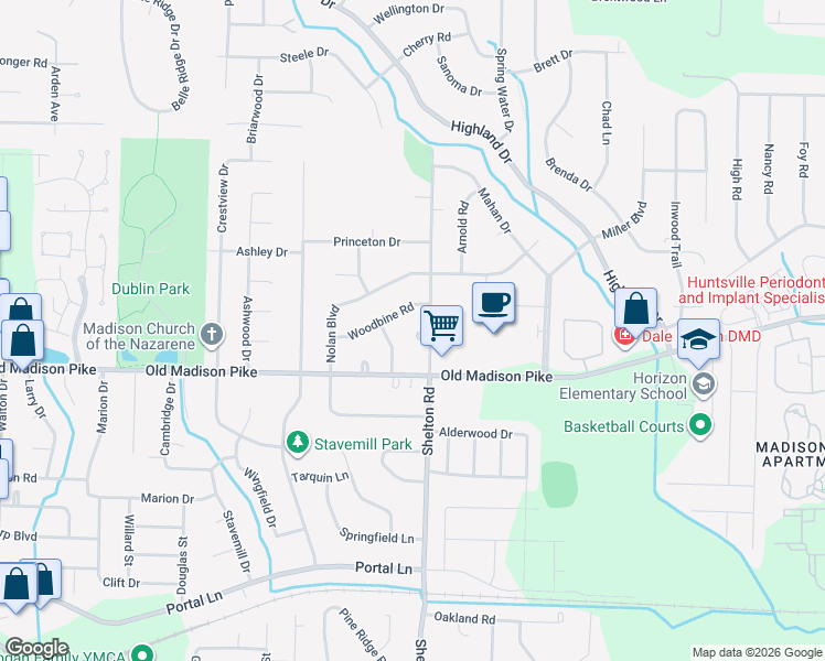 map of restaurants, bars, coffee shops, grocery stores, and more near 1103 Woodbine Road in Madison