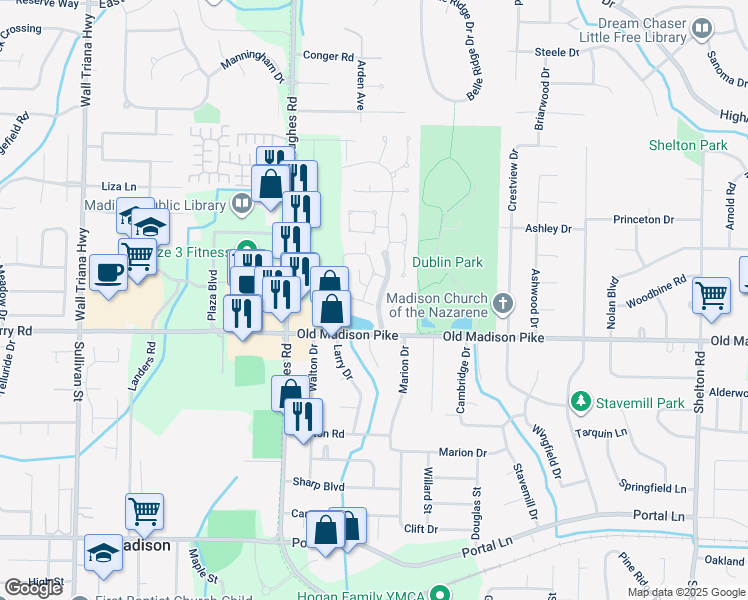 map of restaurants, bars, coffee shops, grocery stores, and more near 249 Waters Edge Lane in Madison