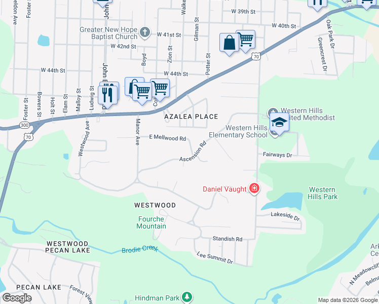 map of restaurants, bars, coffee shops, grocery stores, and more near 8012 Ascension Road in Little Rock