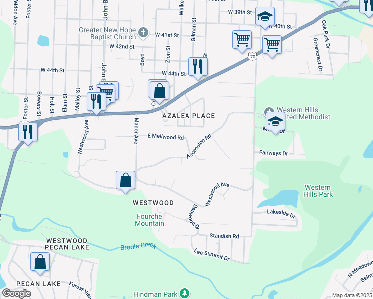 map of restaurants, bars, coffee shops, grocery stores, and more near 8012 Ascension Road in Little Rock