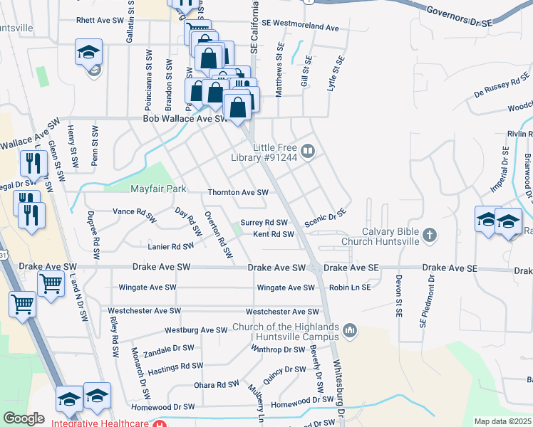 map of restaurants, bars, coffee shops, grocery stores, and more near 2616 Whitesburg Drive in Huntsville