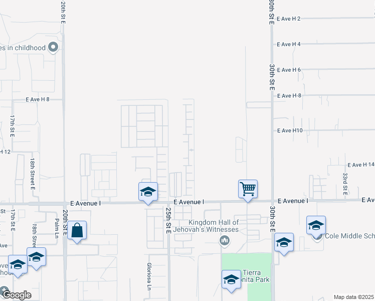 map of restaurants, bars, coffee shops, grocery stores, and more near 2545 East Avenue H10 in Lancaster