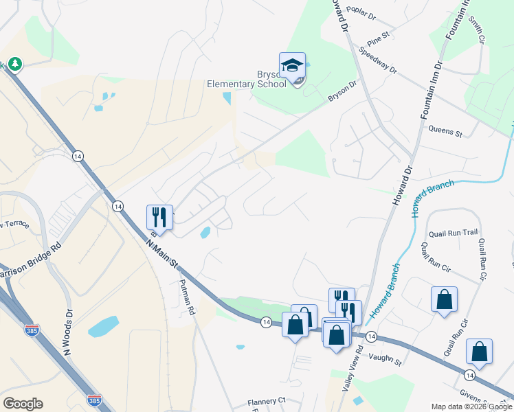 map of restaurants, bars, coffee shops, grocery stores, and more near Oak Drive in Fountain Inn