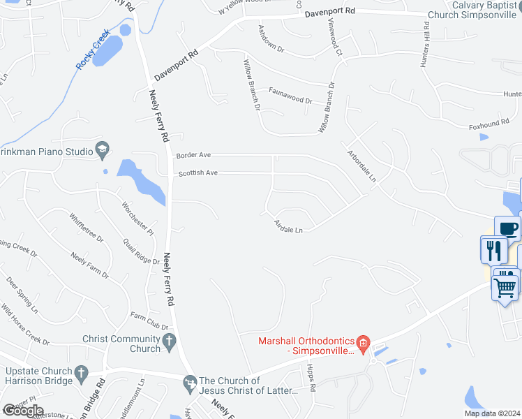 map of restaurants, bars, coffee shops, grocery stores, and more near 210 Airdale Lane in Simpsonville