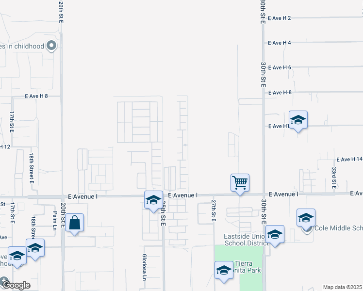 map of restaurants, bars, coffee shops, grocery stores, and more near 2545 East Avenue I in Lancaster