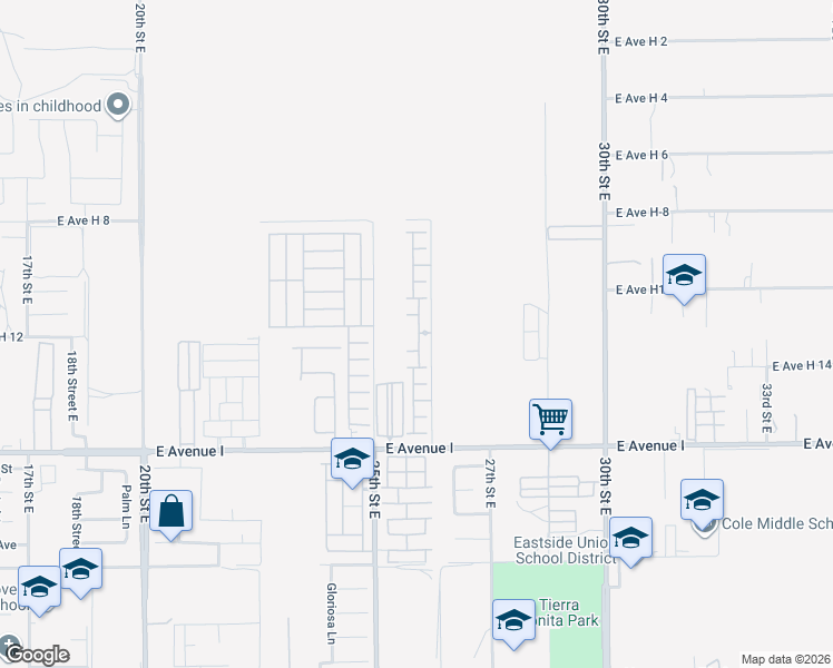 map of restaurants, bars, coffee shops, grocery stores, and more near 2545 East Avenue I in Lancaster