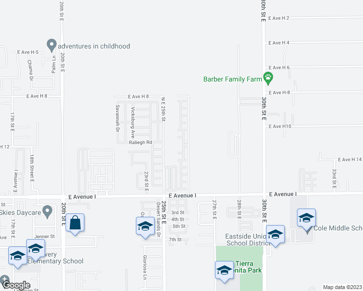 map of restaurants, bars, coffee shops, grocery stores, and more near 2545 East Avenue I in Lancaster