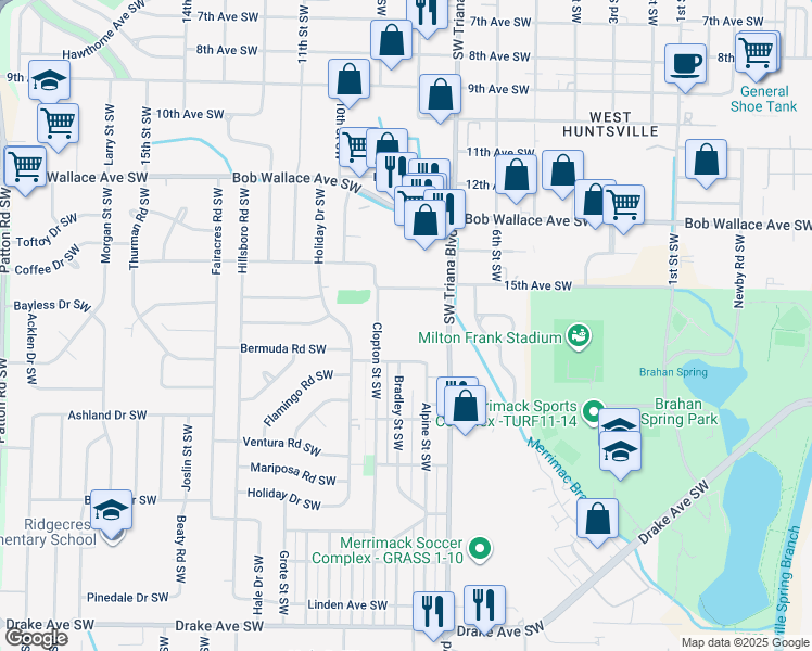 map of restaurants, bars, coffee shops, grocery stores, and more near 3315 Dunn Street Southwest in Huntsville