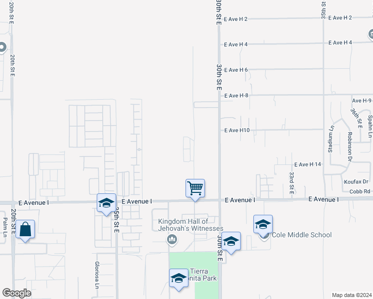 map of restaurants, bars, coffee shops, grocery stores, and more near 45415 28th Street East in Lancaster