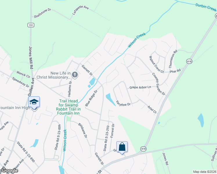 map of restaurants, bars, coffee shops, grocery stores, and more near 532 Garrett Street in Fountain Inn