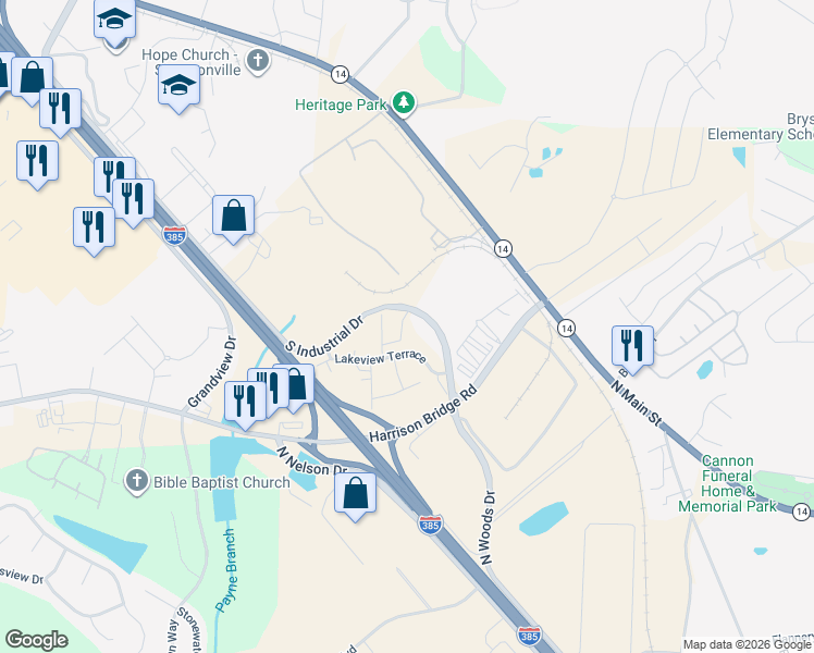 map of restaurants, bars, coffee shops, grocery stores, and more near 116 Lakeview Terrace in Simpsonville