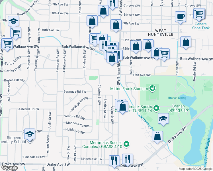 map of restaurants, bars, coffee shops, grocery stores, and more near 3315 Dunn Street Southwest in Huntsville