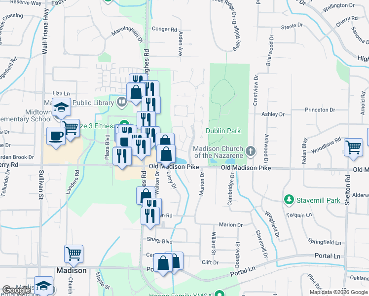 map of restaurants, bars, coffee shops, grocery stores, and more near 249 Waters Edge Lane in Madison